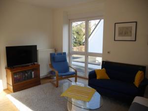 多特蒙德FeWo BlumenPott的客厅配有蓝色的沙发和电视