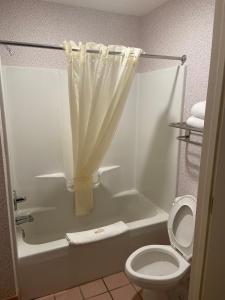 Timmonsville蒂蒙斯维尔经济型旅馆的浴室设有卫生间和带淋浴帘的浴缸。