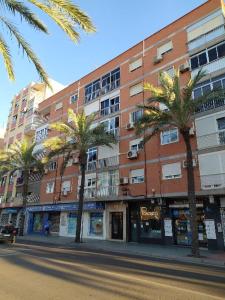 阿尔么丽亚COSTA DE ALMERIA PLAYA的街道前方有棕榈树的建筑