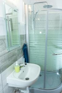 沙罗什保陶克Olivia Apartman的一间带水槽和玻璃淋浴的浴室