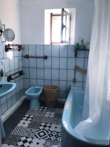 圣特罗佩Chambre Privée dans Villa Provençale的一间带蓝色浴缸和卫生间的浴室