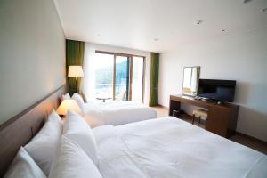 统营市Dongwon Youthhostel的酒店客房设有两张床和电视。