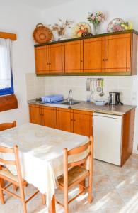 雷夫科斯卡尔帕索Akrogiali Apartments的厨房配有桌子和水槽