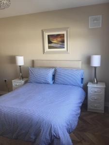 MervynSt Anthony's Rosslare Strand的一间卧室配有一张带蓝色床单的床和两盏灯。
