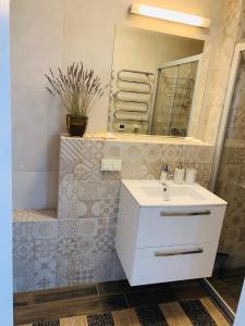 珀尔沃卡Lagoon Attic Apartment Pervalka的浴室设有白色水槽和镜子