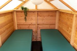 弗利兰Surfana Beach camping hostel Bed & Breakfast Vlieland的小型桑拿浴室设有2个绿色长椅