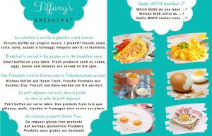 多莫多索拉Bed & Breakfast Tiffany的一份早餐的传单,上面有鸡蛋和食物的照片
