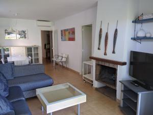 萨卡罗普拉亚公寓的带沙发和壁炉的客厅