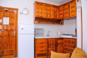 达利安阿里奥萨尔比别墅的厨房配有木制橱柜和白色冰箱。