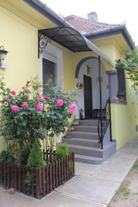 锡比乌La Bella的黄色房子,楼梯上有粉红色的花朵