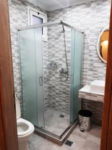 斯卡拉拉乔伊Kohyli Apartments的带淋浴、卫生间和盥洗盆的浴室