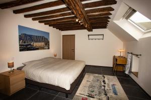 索姆勒兹B&B Hotel Ferme des Templiers nabij Durbuy, eigen laadpalen的一间卧室设有一张大床和一个窗户。