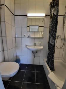费尔巴赫Traube Hotel Oeffingen的浴室配有卫生间、盥洗盆和浴缸。
