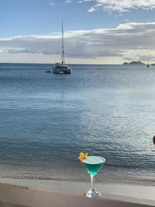 Lindbergh Bay翡翠海滩度假村的海滩上的饮料,在水中乘船