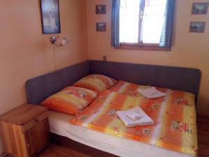 里托斯基挪威克Štúdio Liptovský Trnovec的一间卧室配有一张带两个枕头的床