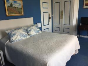 Saint-JulienChâteau de Colombier的一间卧室配有一张蓝色墙壁的床