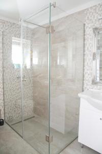 西格利盖特Kardos Villa的一个带水槽的玻璃淋浴间