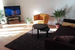 因斯布鲁克Am sonnigen Waldrand的客厅配有沙发、椅子和电视
