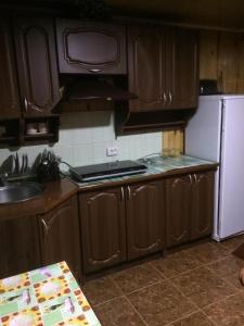 Szackсадиба Подвір'ячко的厨房配有木制橱柜和紫色冰箱。