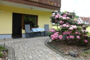 MossautalFerienwohnung Katzer的庭院里种有粉红色的鲜花,配有桌椅