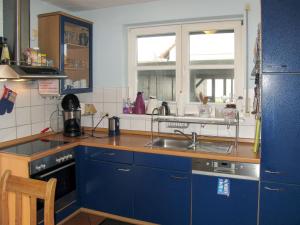LosentitzHoliday Home Losentitz-1 by Interhome的厨房配有蓝色橱柜、水槽和窗户。