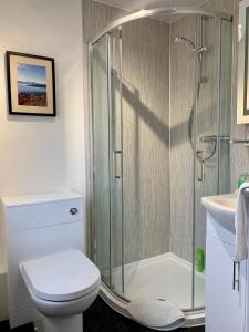 德拉姆纳德罗希特Rooms at Elmbank near Loch Ness的带淋浴、卫生间和盥洗盆的浴室