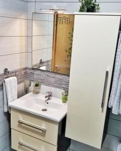 特雷比涅Apartman Sunset Trebinje的一间带水槽和镜子的浴室