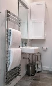 伯克利The Old Bakery - 11A的浴室配有盥洗盆、镜子和毛巾