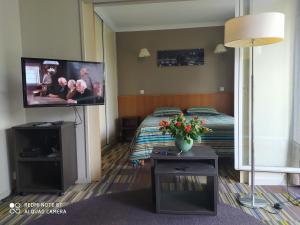 巴黎Le Jourdain的配有一张床和一台平面电视的酒店客房