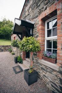 希尔斯伯勒Bay Tree Cottage的窗户前有盆栽植物的砖砌建筑