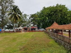 彭佳兰巴拉海滩Kampong Style Homestay Pengkalan Balak - Sea View的一个带栅栏的院子,一座建筑和一棵棕榈树