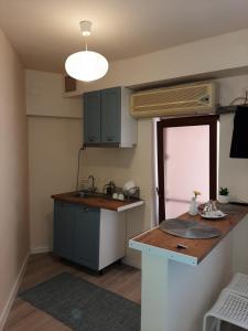 克拉约瓦Casa Flamingo的一间小厨房,内配蓝色橱柜和水槽