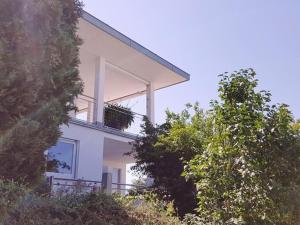 巴特贝林根Die Ferienwohnung的带阳台的白色房屋和一些树木