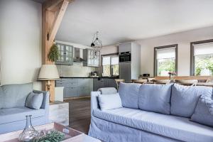 羊角村Gieters Geluk的一间带蓝色沙发的客厅和一间厨房