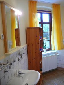 HecklingenFerienwohnung Landwirtschaftliches Gut Taentzler的一间带水槽和镜子的浴室以及窗户。