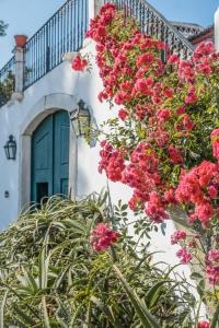 CanoEighteen21 Houses - Casa dos Condes的一座带蓝色门的建筑里一束粉红色的花