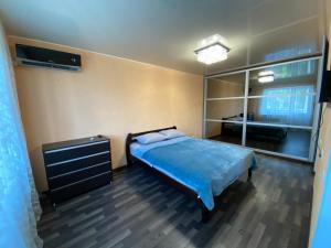 日托米尔Apartment in the center的一间卧室配有一张床、梳妆台和镜子