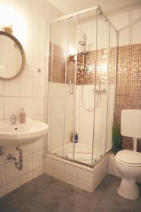 盖尔森基兴GATSBY Apartment的带淋浴、卫生间和盥洗盆的浴室