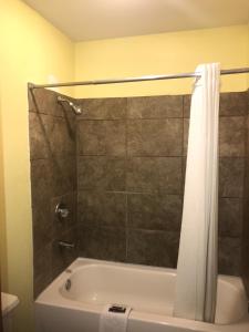 HomerLinder Motor Lodge的浴室配有浴缸和淋浴及浴帘