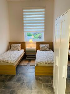 帕兰加Virginija Guest House的一间卧室设有两张单人床和一个窗户。