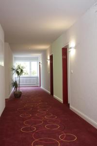 Albershausen斯特恩酒店的一条空的走廊,有红地毯和窗户