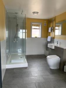 SpilsbyThe Red Lion Inn的带淋浴、卫生间和盥洗盆的浴室