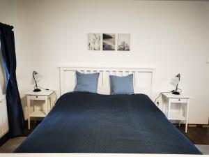 LókútHűvösvölgy Vendégház的一间卧室配有一张带蓝色枕头的床和两张桌子