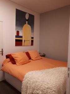 坎佩尔galerie Angle3的一间卧室配有带橙色枕头和绘画的床。