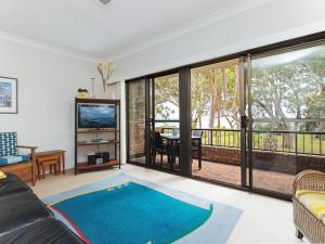 尼尔森湾Sailfish, 4,46 Magnus Street- Unit with water views and close to town的带沙发和电视的客厅以及阳台。