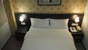 马六甲906 Hotel Kota Laksamana的一间卧室配有一张大床和两个带灯的床头柜。
