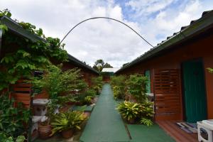 达叻府Mukda Guesthouse的花园小径位于两座植物建筑之间
