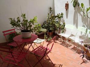 科尔多瓦Patios con encanto的庭院配有椅子和桌子及盆栽植物