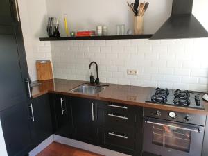 鹿特丹Single family home in Hillegersberg - Schiebroek的厨房配有黑色橱柜和水槽