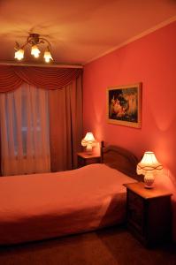 切尔诺夫策诺斯公寓 的一间卧室设有红色的墙壁和一张带两盏灯的床。